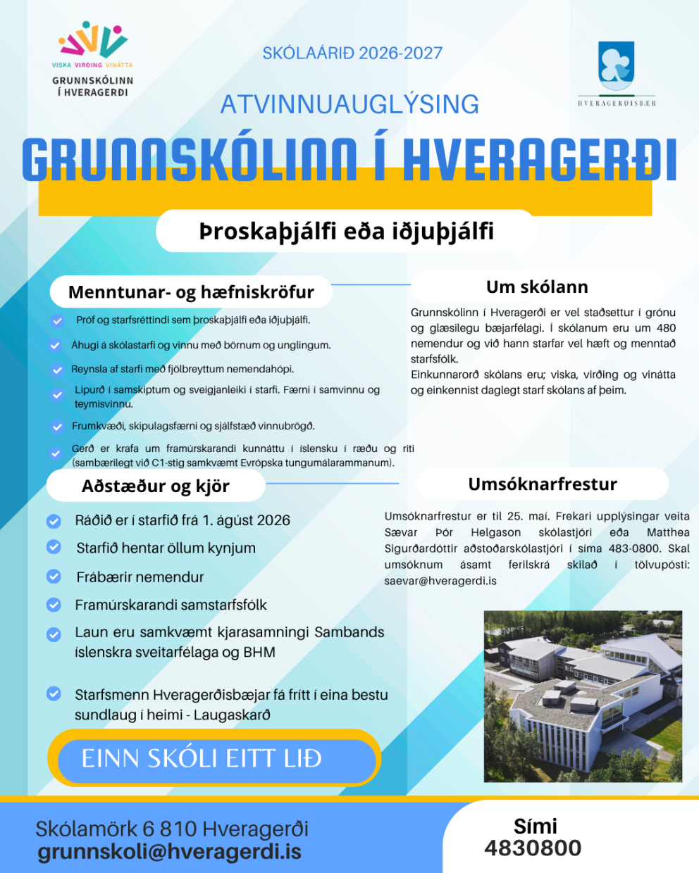 Grunnskólinn í Hveragerði auglýsir eftir þroskaþjálfa eða iðjuþjálfa