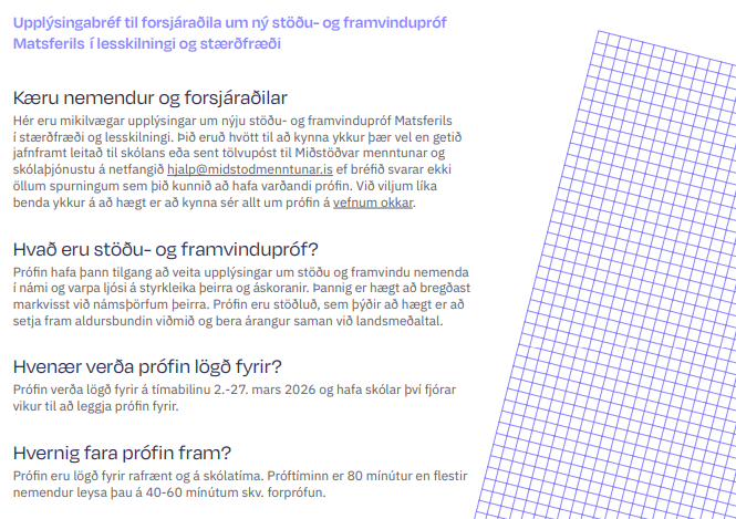 Upplýsingabréf til forsjáraðila um ný stöðu- og framvindupróf Matsferils  í lesskilningi og stærðfræ&hellip;